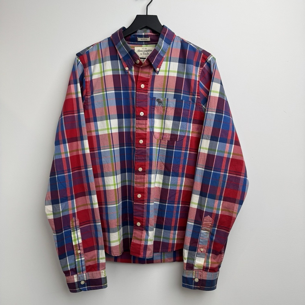 Abercrombie & Fitch Muscle Fit Plaid Button Down Shirt XXL Blue Red Preppy‎ Mens